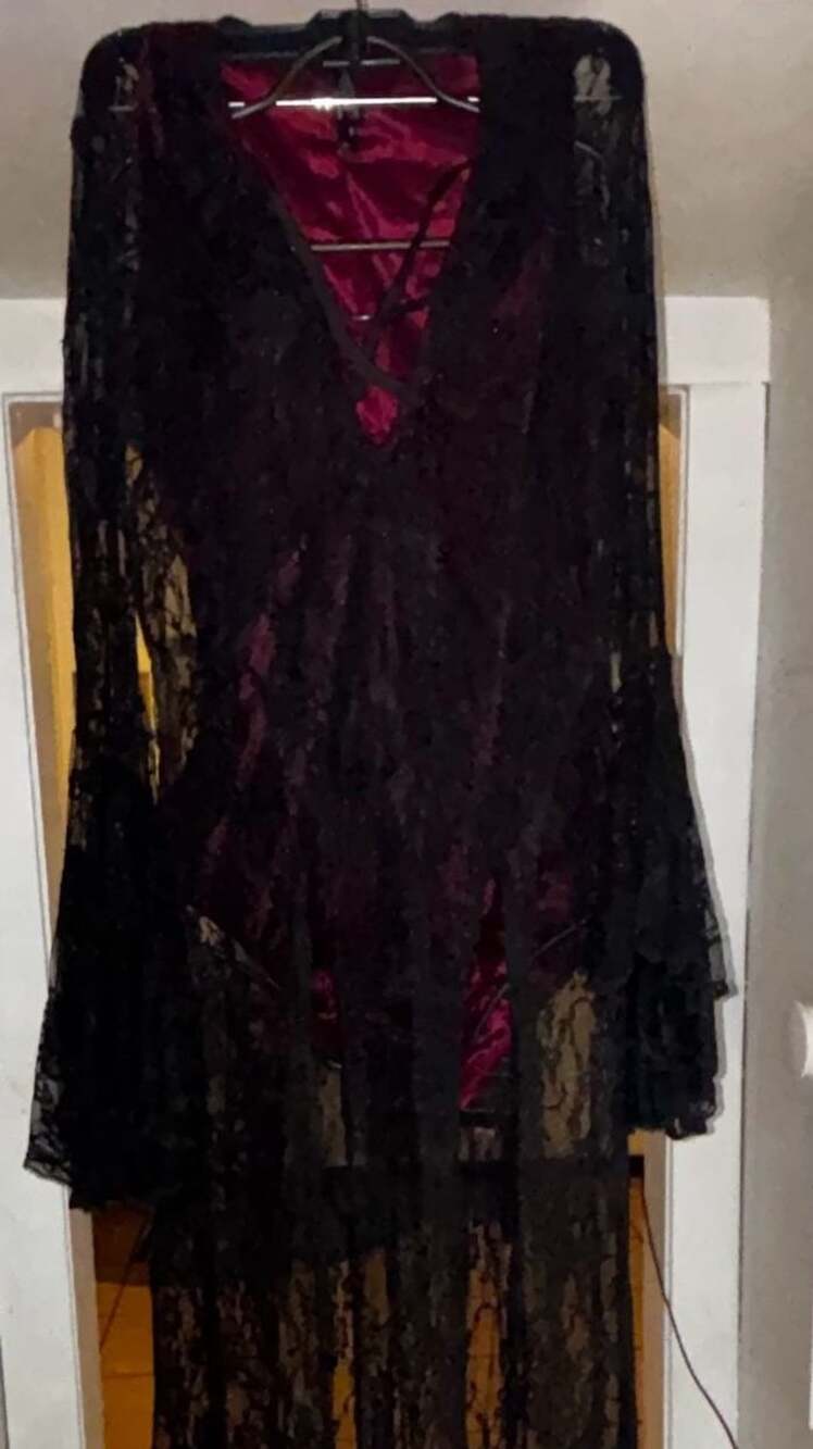 Yandy Gothic Glam Red & Black Lace Strappy Bodysuit Overlay Dress Set L